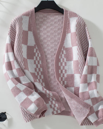 Double Take Checkered Open Front Dropped Shoulder Cardigan - Sleekdenim.com