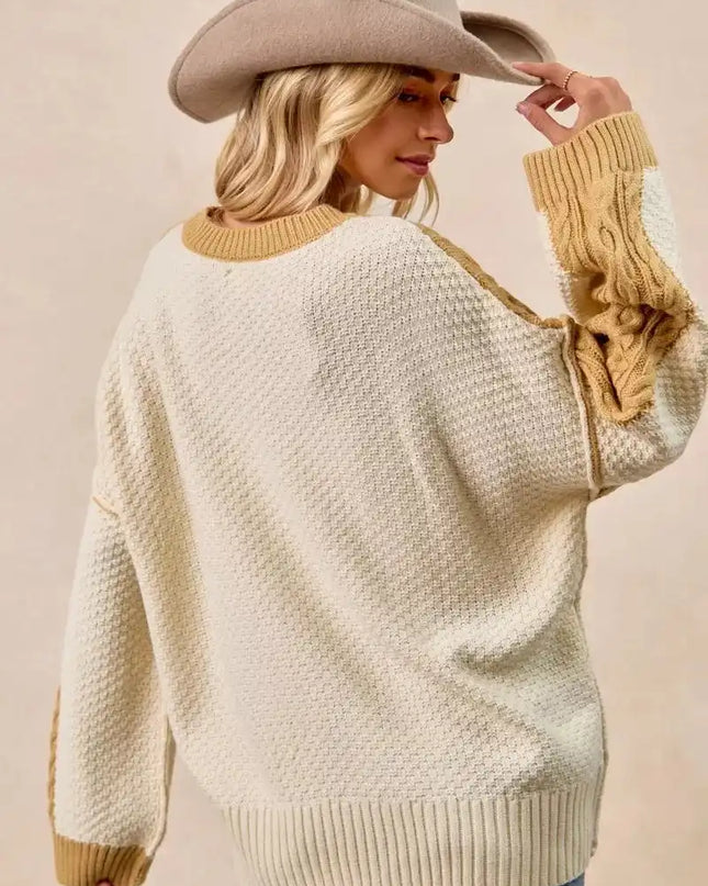 BiBi Cable Knit With Hacci Combo Sweater With Uneven Hem Detail - Sleekdenim.com