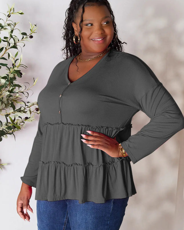 Double Take Half Button Long Sleeve Ruffle Hem Blouse - Sleekdenim.com