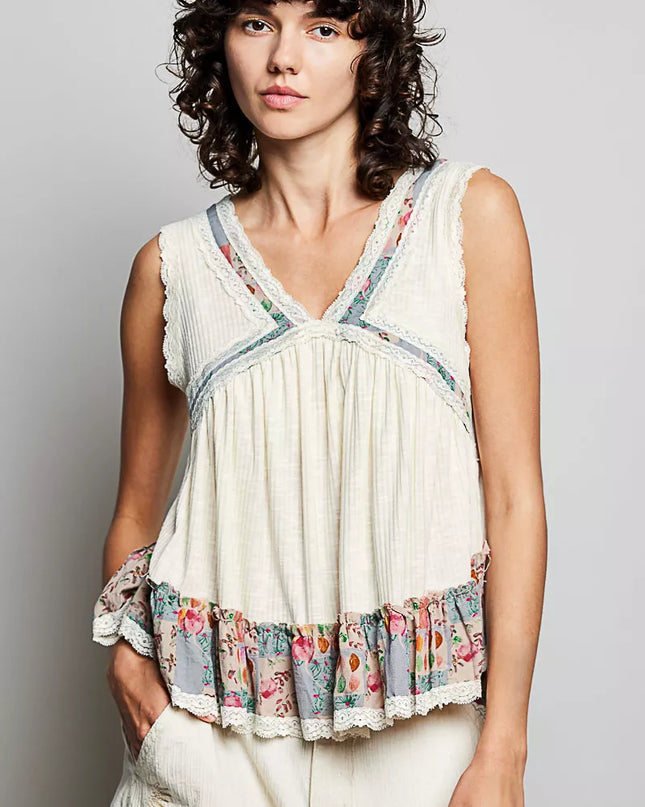 POL Lace Detail Ruffled Ribbed Sleeveless Top with Floral Pattern Trim Detail - Sleekdenim.com
