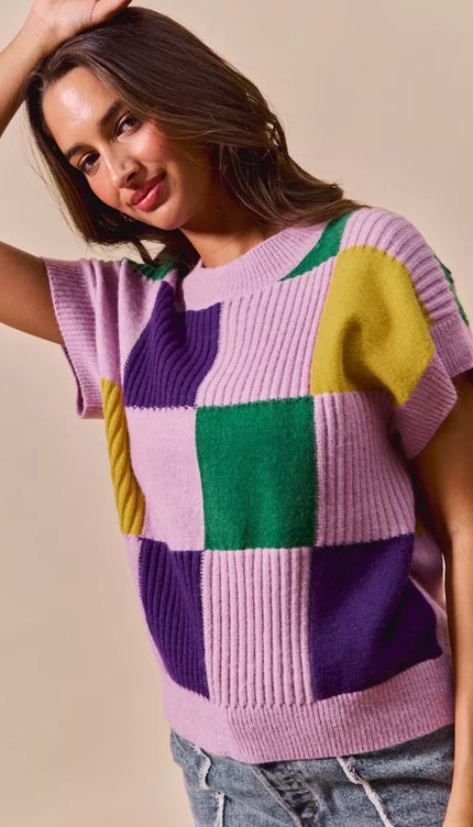 SO ME Mardi Gras Check Plaid Casual Sweater Top - 8