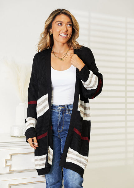 Perfee Striped Rib-Knit Drop Shoulder Open Front Cardigan - Sleekdenim.com