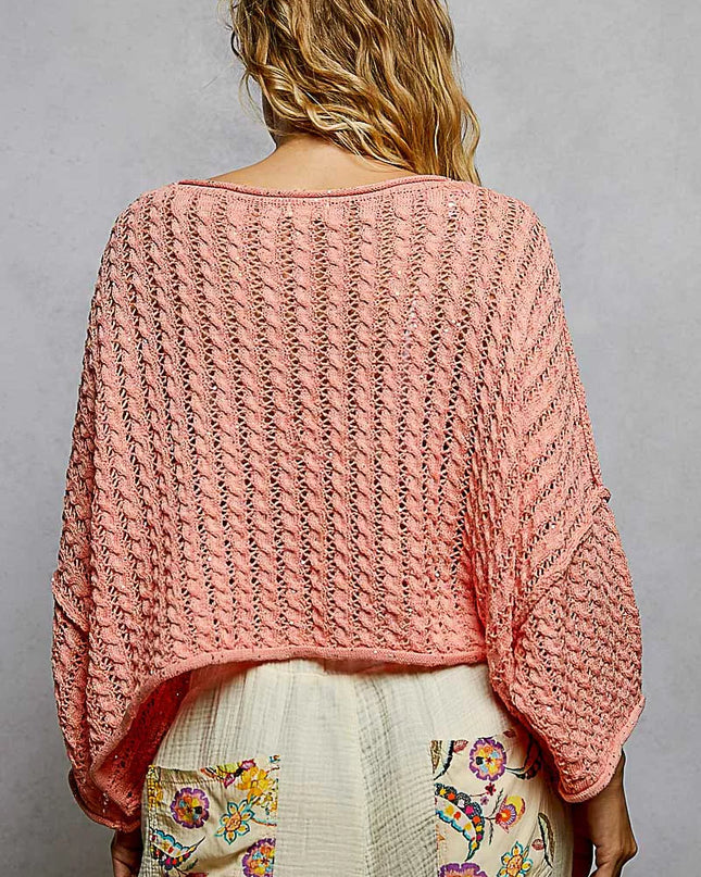 POL Cable-Knit Openwork Round Neck Cropped Sweater - Sleekdenim.com