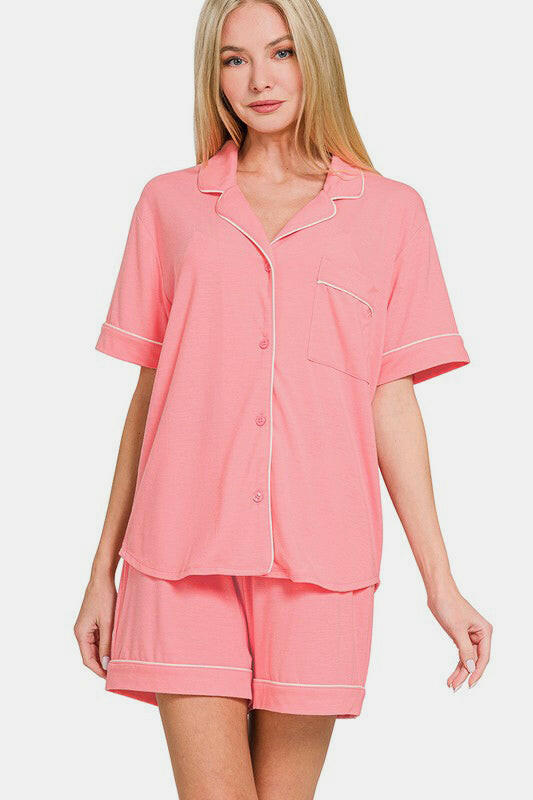 Zenana Button Down Short Sleeve Top and Shorts Lounge Set.