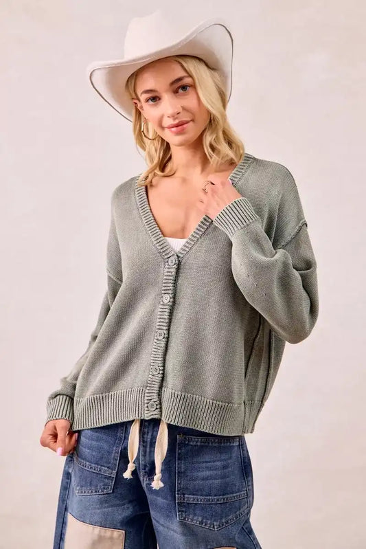 BiBi Washed Sweater V Neck Cardigan - Sleekdenim.com