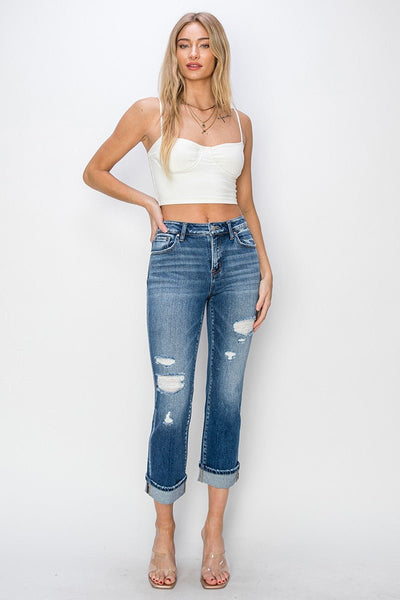 RISEN Full Size Cuffed Ankle Distressed Straight Jeans | Sleekdenim.com