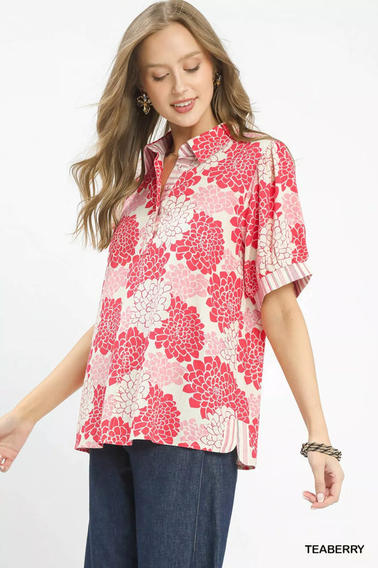 Umgee Floral Collared Short Sleeve Blouse - Image 2