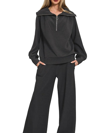 Zenana Ribbed High Neck Half Zip Pullover & Pants Set - Sleekdenim.com