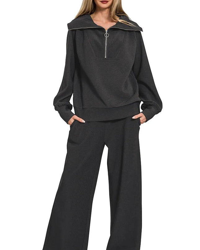 Zenana Ribbed High Neck Half Zip Pullover & Pants Set - Sleekdenim.com