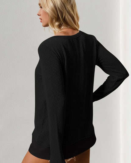 Double Take Corded Rib Thumbhole Cuff Round Neck T-Shirt - Sleekdenim.com