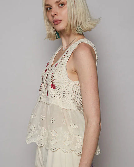 POL Embroidered Detail V-Neck Eyelet Peplum Tank - Sleekdenim.com
