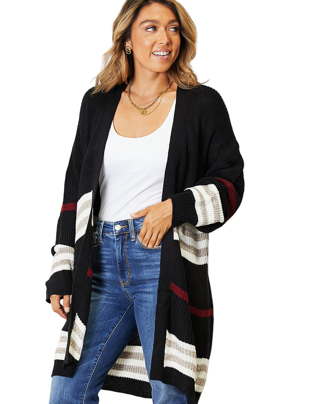 Perfee Striped Rib-Knit Drop Shoulder Open Front Cardigan - Sleekdenim.com