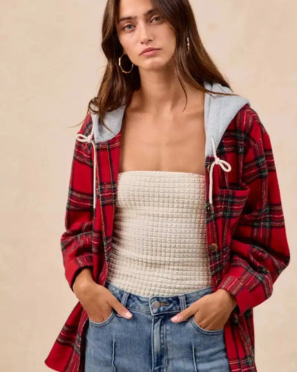 BiBi Brushed Plaid Hooded Jacket - Sleekdenim.com