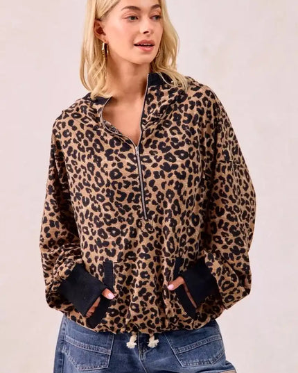 BiBi Leopard Print Waffle Half Zip Up Hoodie W Pocket - Sleekdenim.com