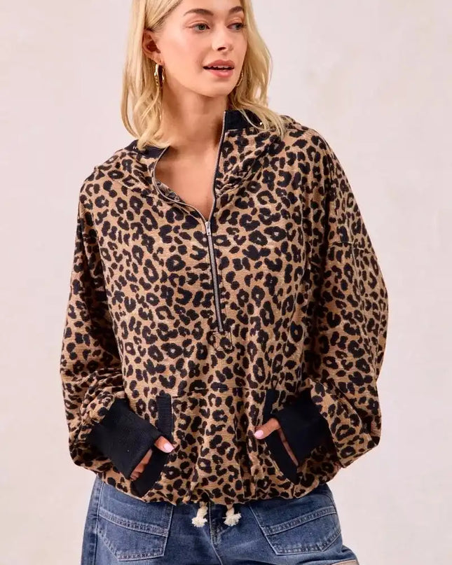 BiBi Leopard Print Waffle Half Zip Up Hoodie W Pocket - Sleekdenim.com