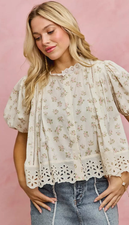 SO ME Floral Print Lace Trim Short Sleeves Blouse - Sleekdenim.com