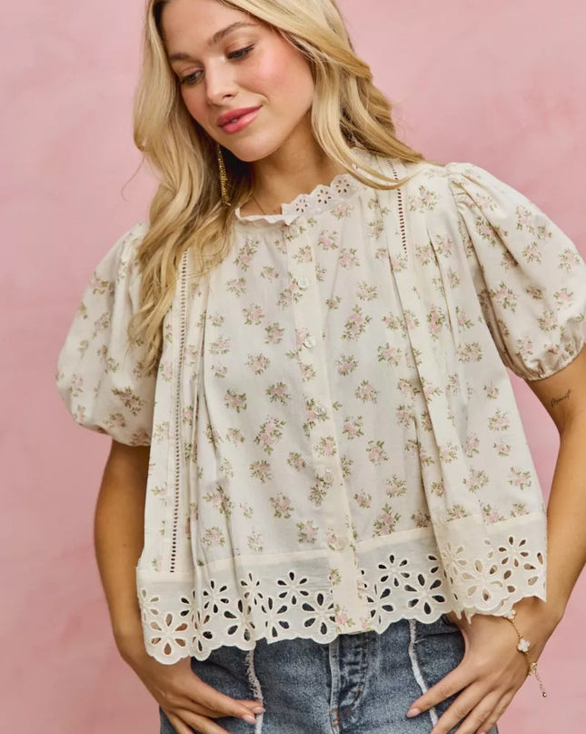 SO ME Floral Print Lace Trim Short Sleeves Blouse - Sleekdenim.com