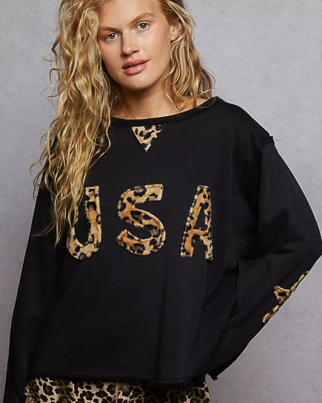 POL Round Neck Long Sleeve French Terry Sweatshirt with USA Letter Animal Patch - Sleekdenim.com