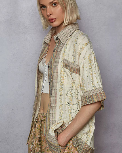 POL Printed Button Down Patchwork Short Sleeve Shirt - Sleekdenim.com
