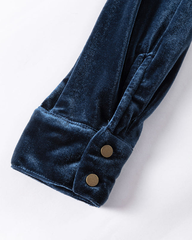 Red Frilled Buttoned V Neck Velvet Blouse