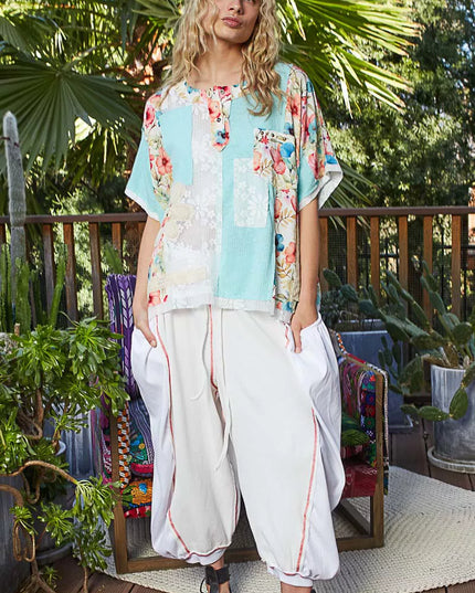 POL Lace Round Neck Short Sleeve Floral Pattern Top with Patch Detail - Sleekdenim.com