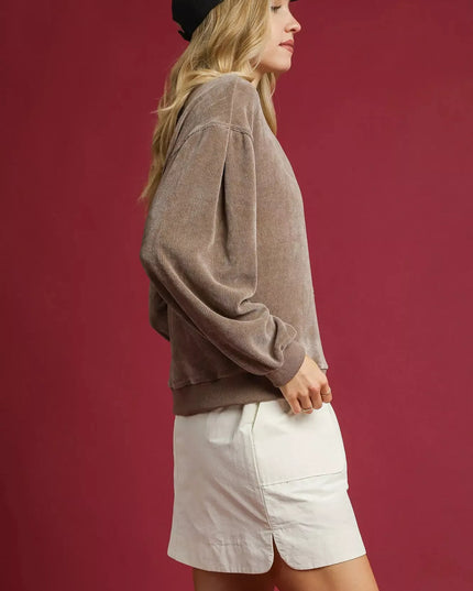 Umgee Velour Crewneck Balloon Sleeve Sweatshirt - Sleekdenim.com