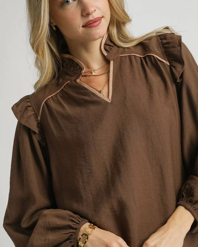 Umgee Ruffle Shoulder Long Sleeve Blouse - Sleekdenim.com