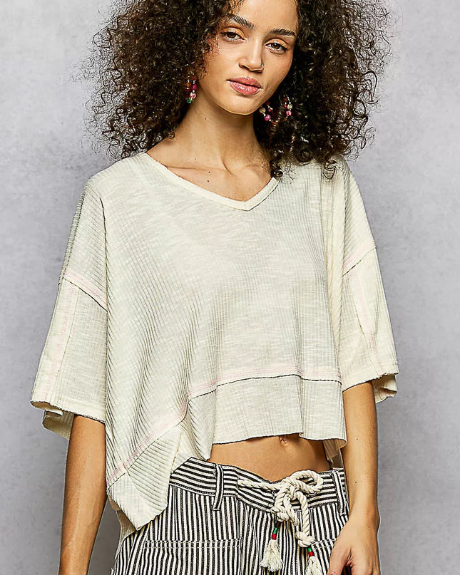 POL Short Sleeve Ccopped Rib T-Shirt with Contrast Stitch Detail - Sleekdenim.com