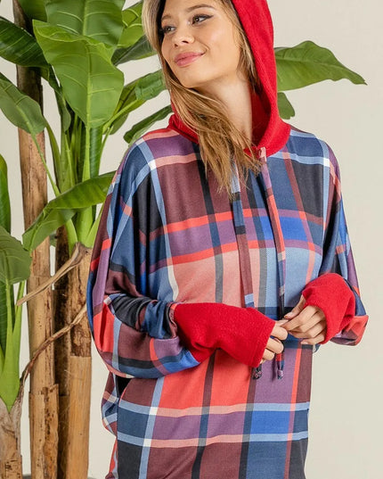 BiBi Plaid Mirr Brushed Rib Contrast Thumb Open Hoodie - Sleekdenim.com