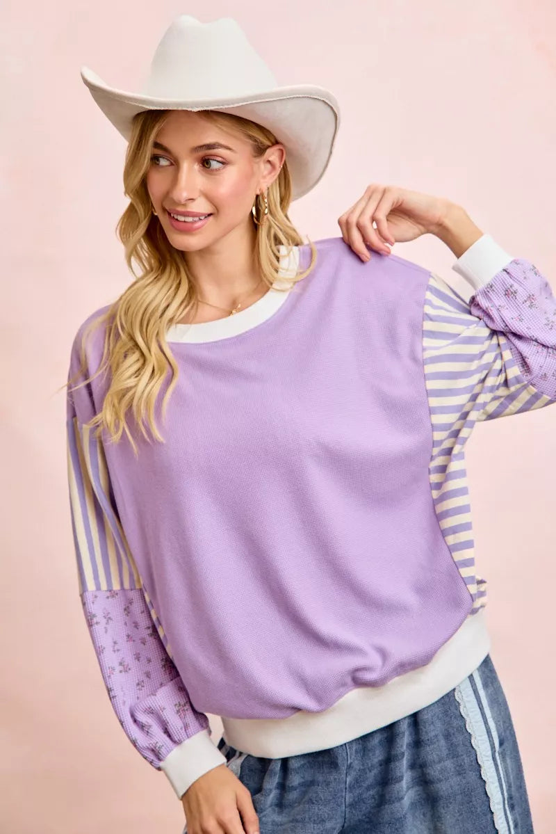 BiBi Mix and Match Sweatshirt with Floral Sleeve Stripes - Sleekdenim.com