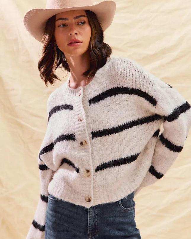 SO ME Stripe Soft Touch Button Cozy Sweater Cardigan - Sleekdenim.com