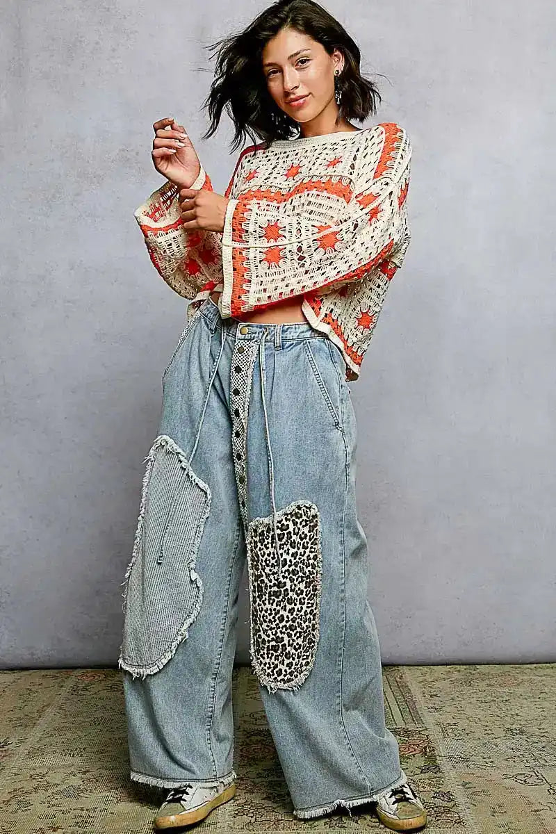 POL Boat Neck Long Sleeve Crochet Top with Granny Square Weaving - Sleekdenim.com