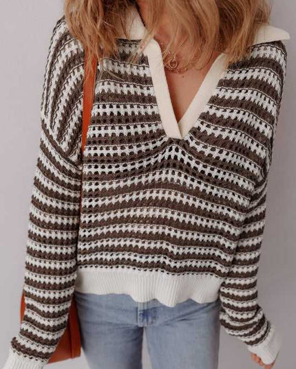 Stripe Eyelet Contrast Collared V-Neck Sweater - Sleekdenim.com