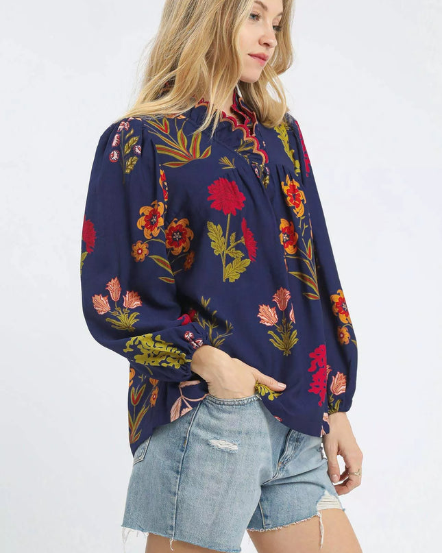 Umgee Flower Print Blouse with Scalloped Neckline - Sleekdenim.com