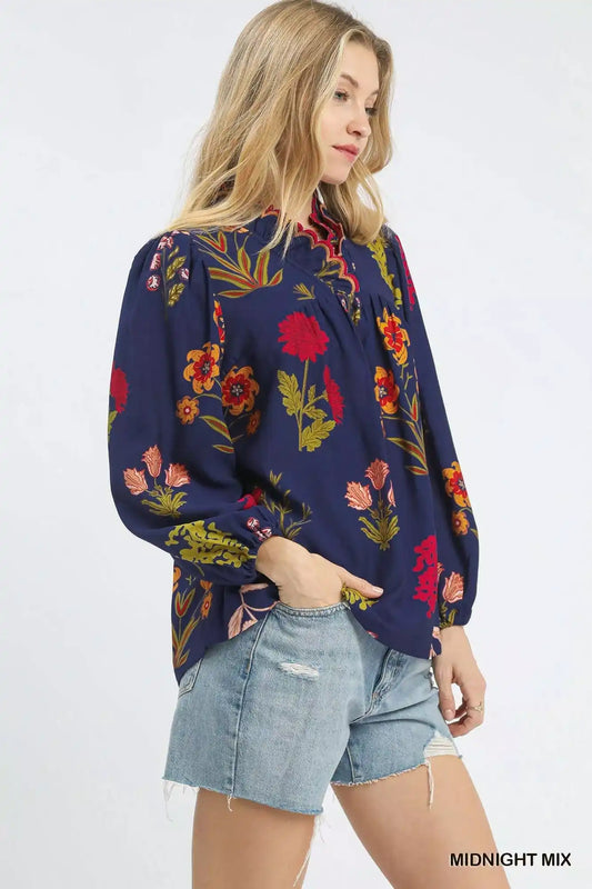 Umgee Flower Print Blouse with Scalloped Neckline - Sleekdenim.com