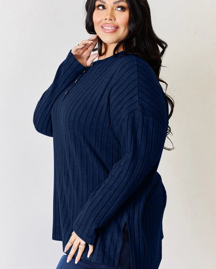 Basic Bae Full Size Ribbed Half Button Long Sleeve High-Low T-Shirt - Sleekdenim.com