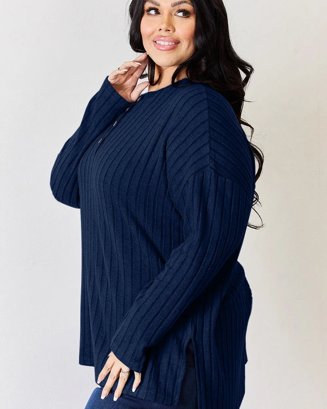 Basic Bae Full Size Ribbed Half Button Long Sleeve High-Low T-Shirt - Sleekdenim.com