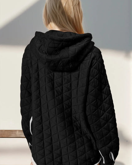 Double Take Contrast Trim Long Sleeve Half Snap Texture Hoodie with Pocket - Sleekdenim.com