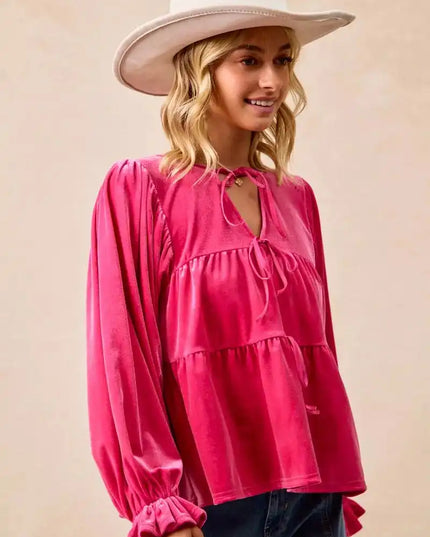 BiBi Christmas Theme Velvet Bow Tied Blouse - Sleekdenim.com