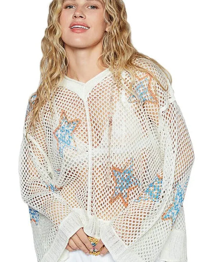POL Star Openwork Long Sleeve Hooded Knit Cover Up - Sleekdenim.com