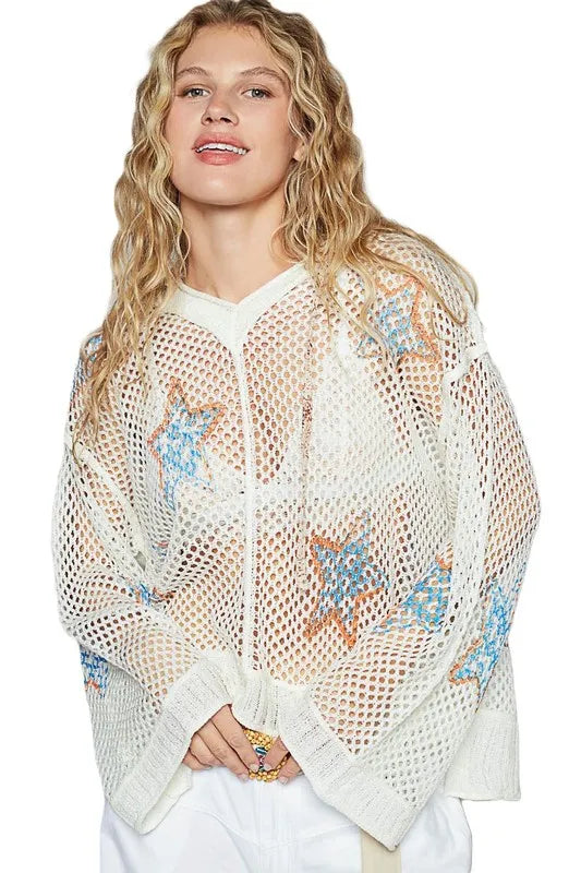 POL Star Openwork Long Sleeve Hooded Knit Cover Up - Sleekdenim.com