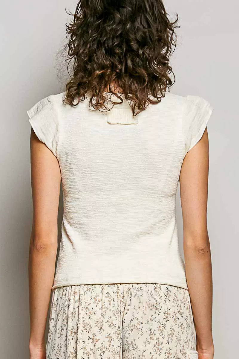 POL V-Neck Lightweight Textured Short Sleeve Knit Top with Lace Trim - 4