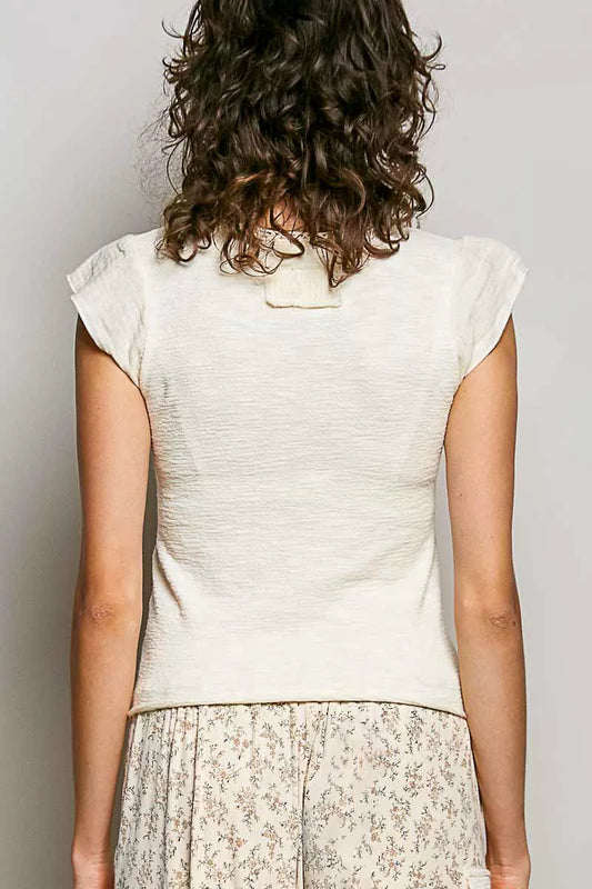 POL V-Neck Lightweight Textured Short Sleeve Knit Top with Lace Trim - 4