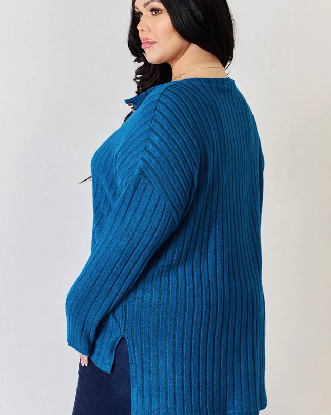 Basic Bae Full Size Ribbed Half Button Long Sleeve High-Low T-Shirt - Sleekdenim.com