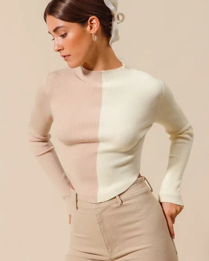SO ME Color Block Fitted Crop Sweater Top - Sleekdenim.com
