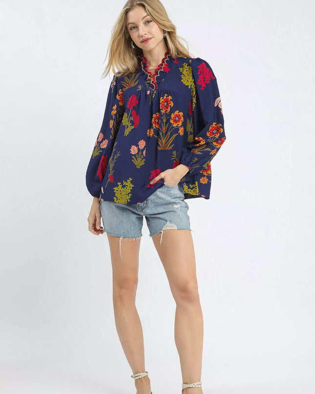 Umgee Flower Print Blouse with Scalloped Neckline - Sleekdenim.com