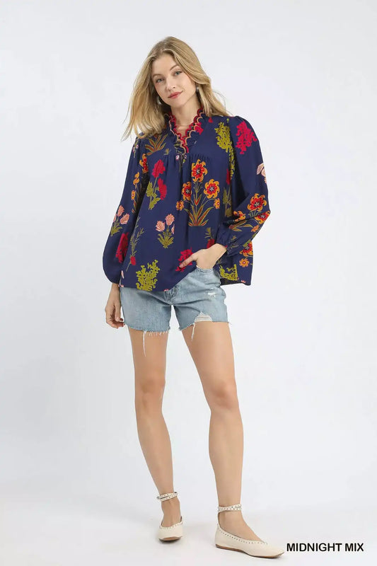 Umgee Flower Print Blouse with Scalloped Neckline - Sleekdenim.com