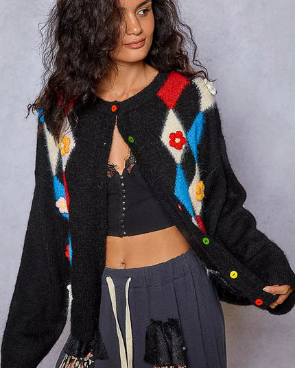 POL Button Down Diamond Pattern Round Neck Cardigan - Sleekdenim.com