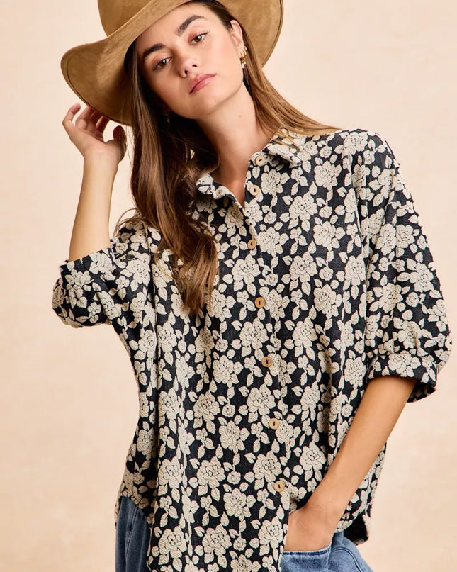 BiBi Floral Jacquard Short Dolman Sleeves Shirt - Sleekdenim.com