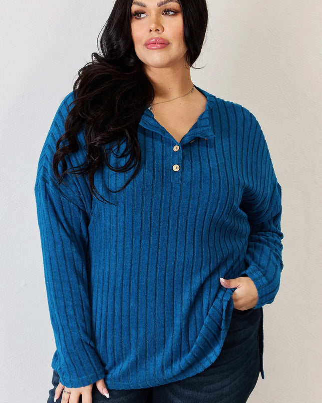 Basic Bae Full Size Ribbed Half Button Long Sleeve High-Low T-Shirt - Sleekdenim.com
